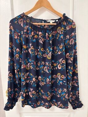Boden Navy Floral Silk Shirt Blouse with Pink and Blue Blooms size 8
